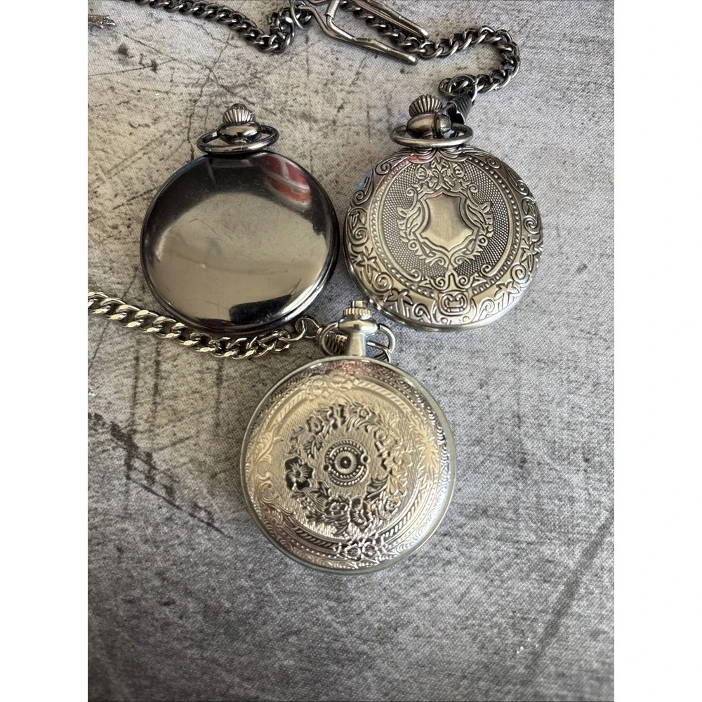 Vintage New York Silver Toned Pocket Watch Bundle with Chain 3 Piece Quartz Set